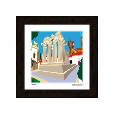 Quadro de ilustração das colunas romanas em Évora com moldura preta