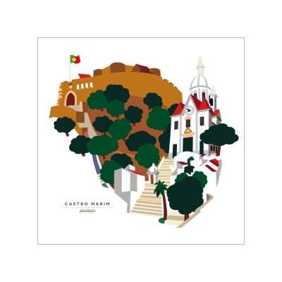 Ilustração do castelo e igreja de Castro Marim com árvores e escadas