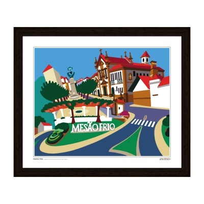 Ilustração digital colorida de cenário urbano de Mesão Frio com edifícios, árvores e estrada.