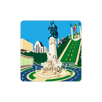 Ilustração colorida de monumento com estátua e leão em rotunda urbana