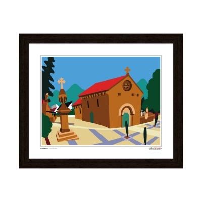 Quadro ilustrativo de igreja castanha com telhado vermelho numa praça azulejada com escultura e árvores verdes