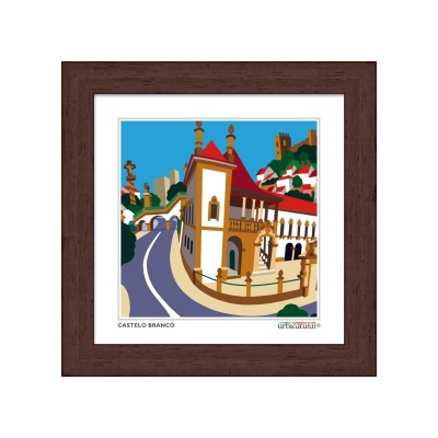 Ilustração colorida do Castelo Branco em moldura de madeira castanho escuro