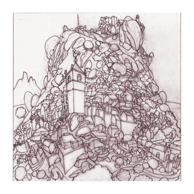 Desenho a lápis de colina com igreja, estátua, árvores e rochas