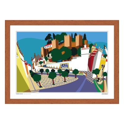 Ilustração digital de uma paisagem urbana com castelo e árvores colorida e emoldurada