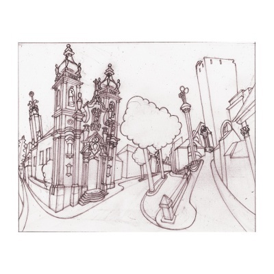 Desenho a tinta de rua urbana com igreja e edifícios