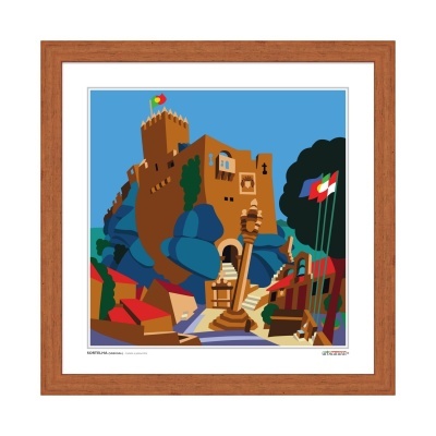 Quadro com imagem digital estilizada de castelo colorido em moldura de madeira