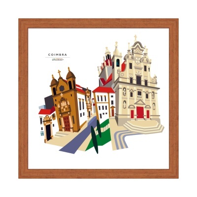 Quadro decorativo com ilustração de edifícios históricos de Coimbra e moldura de madeira
