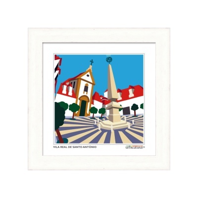 Quadro decorativo de Vila Real de Santo António com paisagem urbana colorida.