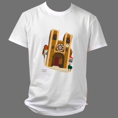T-shirt branca com estampa de catedral e a palavra LISBOA