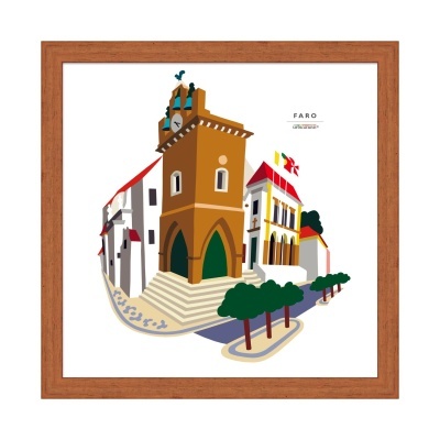 Ilustração colorida da cidade de Faro em quadro com moldura de madeira