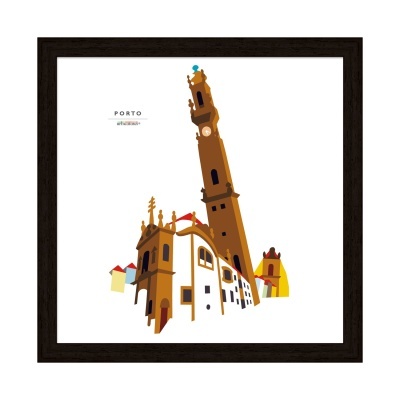 Ilustração colorida de um edifício e torre com texto PORTO enquadrada.