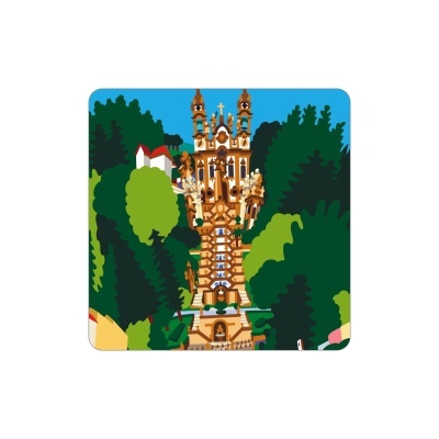 Ilustração colorida de uma igreja barroca rodeada de árvores verdes