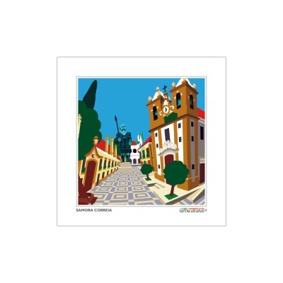 Ilustração digital de uma rua com igreja, árvores e calçada decorativa em cores vivas