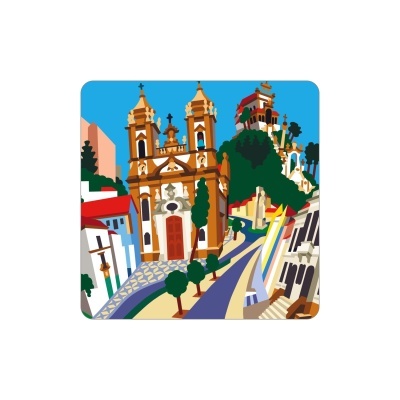 Ilustração de arquitetura histórica com igreja barroca e árvores verdes.