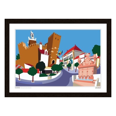 Ilustração colorida de castelo, fontes e edifícios com árvores em fundo azul