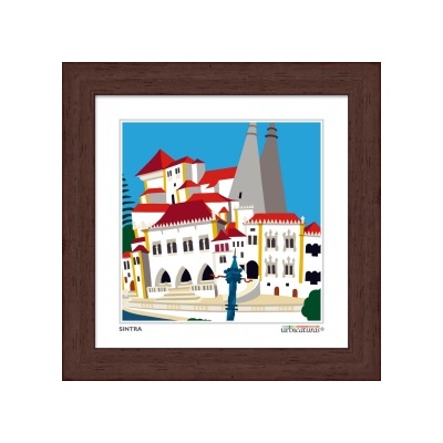 Quadro com ilustração colorida de edifício em Sintra com moldura de madeira castanha