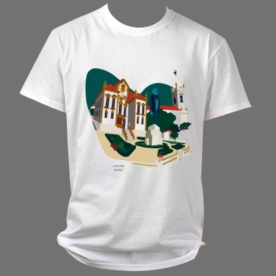 T-shirt branca com ilustração colorida de arquitetura e texto LOUSÃ