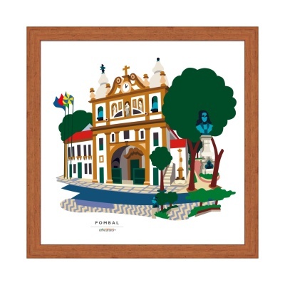 Ilustração colorida de edifício histórico com árvores e estátua em moldura de madeira