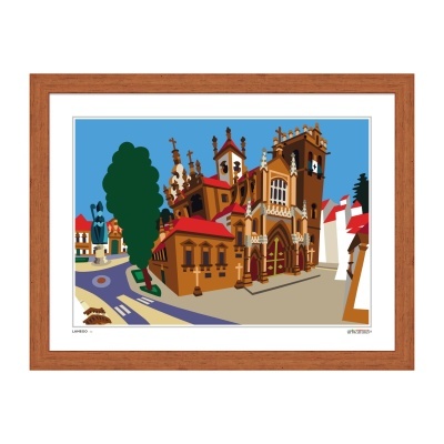 Quadro com imagem digital colorida de edifício histórico gótico em moldura de madeira.