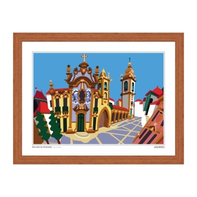 Gravura com moldura castanha de edifício barroco com torres e azulejos azuis