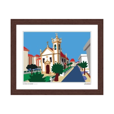 Quadro ilustrativo de igreja com caminho e árvores em cores vivas.