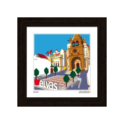 Imagem digital de praça com edifícios e torre, letras 'elvas', pavimento geométrico, árvores e quadro preto