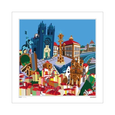 Ilustração colorida de monumentos e edifícios históricos de uma cidade europeia