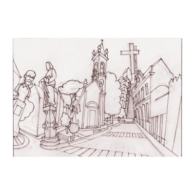 Desenho a lápis de rua com estátuas, árvores, torre e cruz grande ao fundo