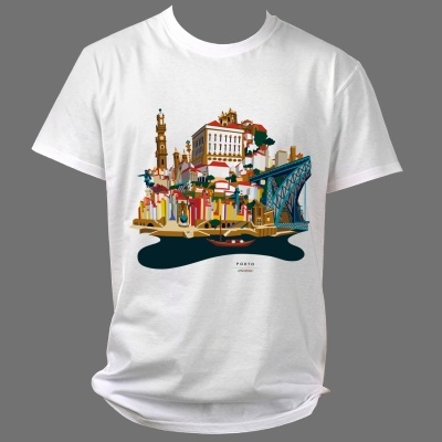 T-shirt branca com desenho colorido de edifícios e ponte, texto Porto Portugal