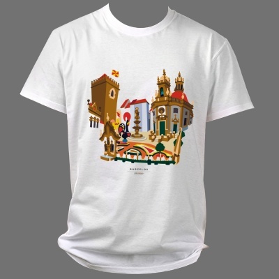 T-shirt branca com desenho colorido de edifícios históricos e galo, com texto BARCELONA