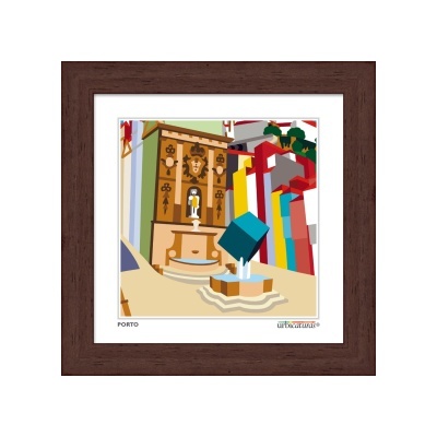 Ilustração colorida de arquitetura com cubo azul e elementos geométricos emoldurada