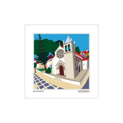 Desenho da igreja de Alcochete com árvores e casas ao redor