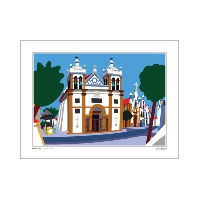 Ilustração digital de igreja branca com torres e árvores verdes em ambiente urbano