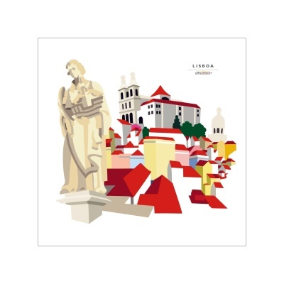 Ilustração digital colorida da cidade de Lisboa com estátua e casas com telhados vermelhos.