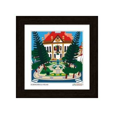 Ilustração de edifício e parque em quadro com moldura preta