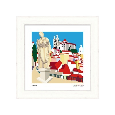 Quadro decorativo com ilustração colorida de Lisboa e moldura branca.