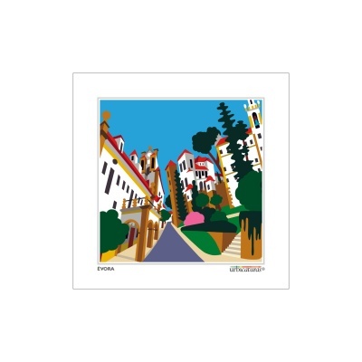 Ilustração colorida da cidade de Évora com edifícios e árvores