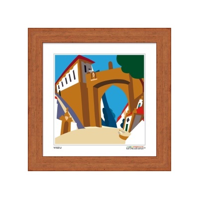 Pintura moderna com arco arquitetónico emoldurada com moldura de madeira castanha