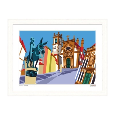 Impressão artística colorida de praça histórica com estátua e edifícios antigos em moldura branca