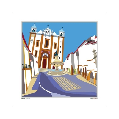 Ilustração gráfica de rua com fonte e igreja ao fundo