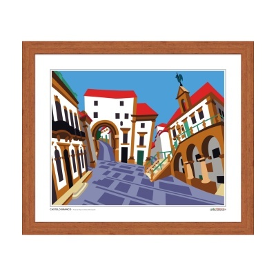 Ilustração urbana colorida com casas brancas e telhados vermelhos emoldurada em madeira