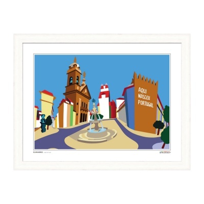 Ilustração colorida da praça com fonte, edifícios coloridos e texto 'AQUI NASCEU PORTUGAL'