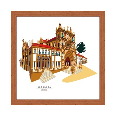 Ilustração do Mosteiro de Alcobaça em quadro com moldura de madeira