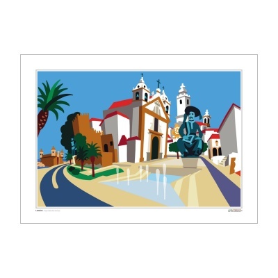 Ilustração colorida de edifício histórico com escultura e caminho