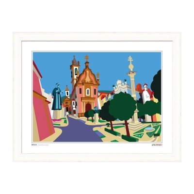 Gravura digital colorida de paisagem urbana com edifícios históricos e árvores em moldura branca