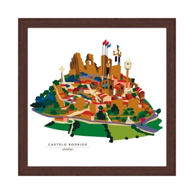Quadro ilustrado do Castelo Rodrigo com moldura castanha