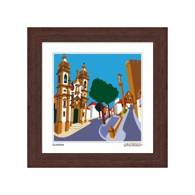 Imagem estilizada de edifícios históricos e caminho numa cidade com céu azul