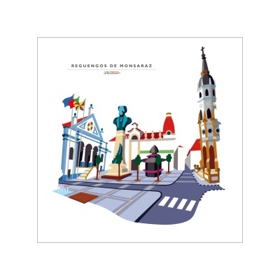 Ilustração digital com edifícios e estátuas em Reguengos de Monsaraz