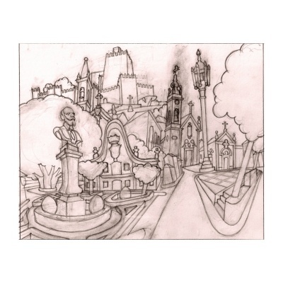 Desenho a lápis de um cenário urbano com estátua, ruas e edifícios detalhados