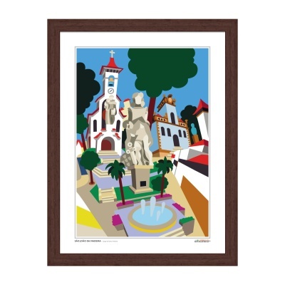 Ilustração colorida de Largo de Santo António em São João da Madeira com fonte, estátuas e edifícios.